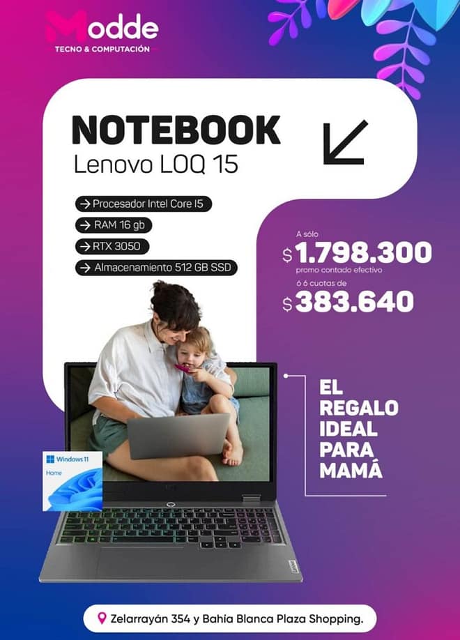 Notebook Lenovo LOQ 15 / Intel Core i5 12va / 16gb RAM / 512gb / RTX 3050 6gb / Pantalla 15.6″ 144hz