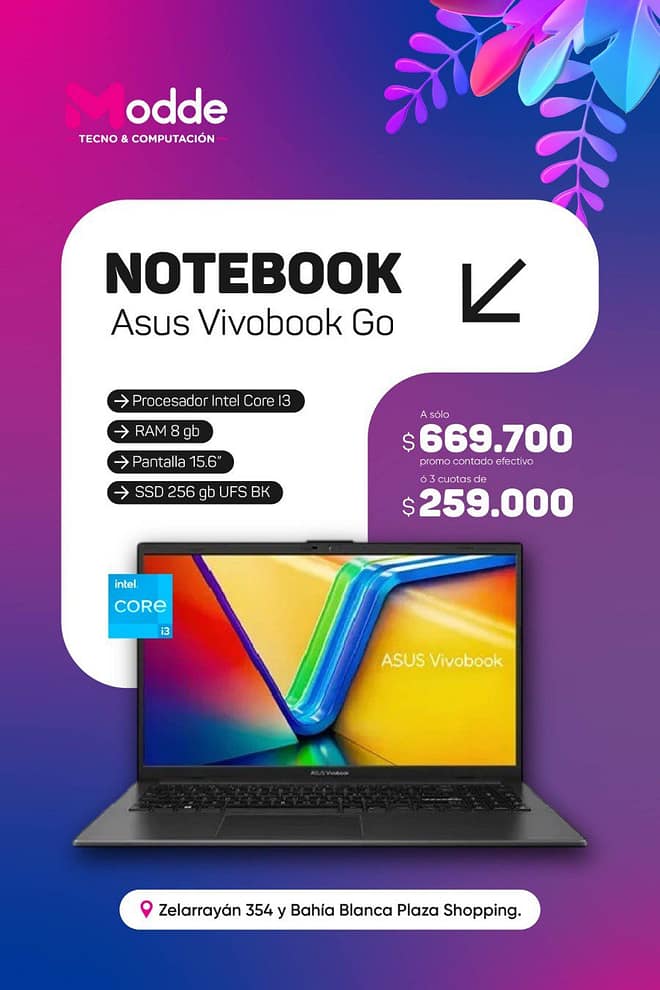 Notebook Asus Vivobook Go E1504G / Intel Core i3 12va gen / 8gb RAM / 256gb / Pantalla 15.6″ 60hz