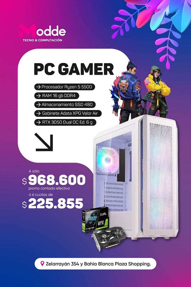 PC AMD Ryzen 5 5500 / 16gb RAM / 480gb SSD / RTX 3050 6GB / 550w 80+ / Gabinete ADATA XPG Valor Air
