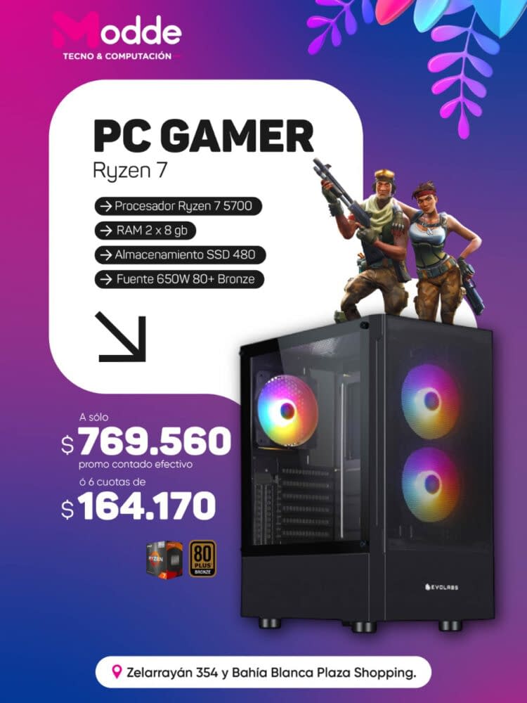 PC AMD Ryzen 7 5700G / 16gb RAM / 480gb SSD / 650w 80+ bronce / Gabinete RGB